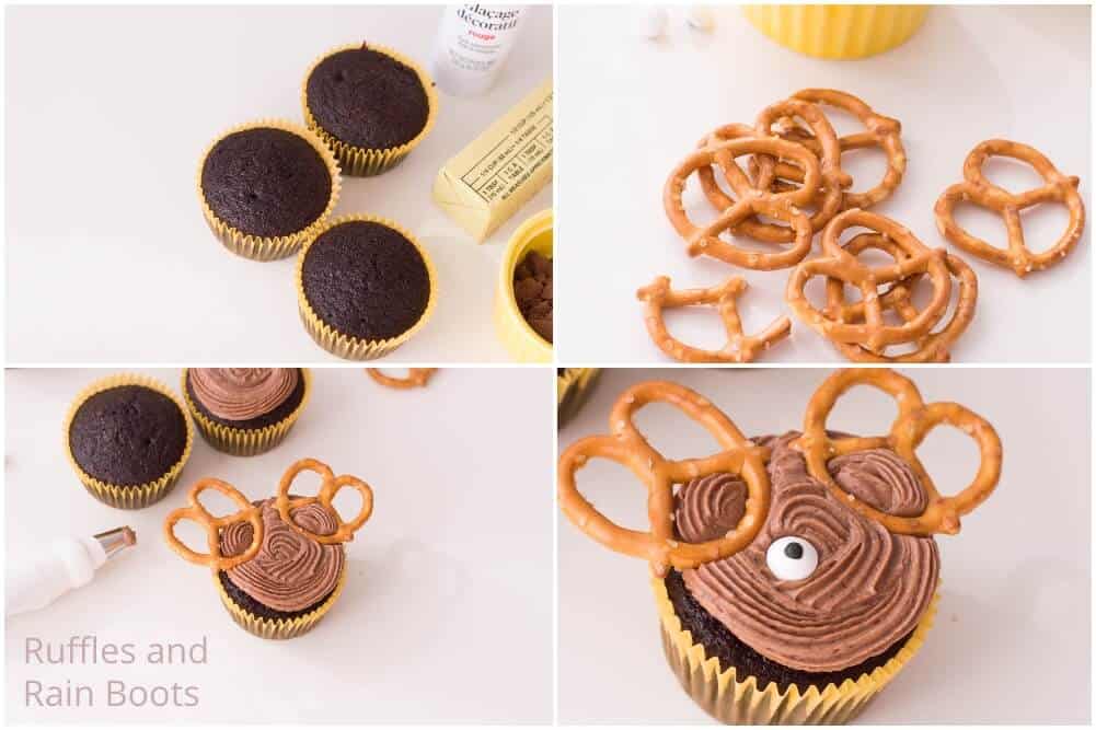 photo collage of how to make reindeer cupcakes easy christmas cupcake recipe