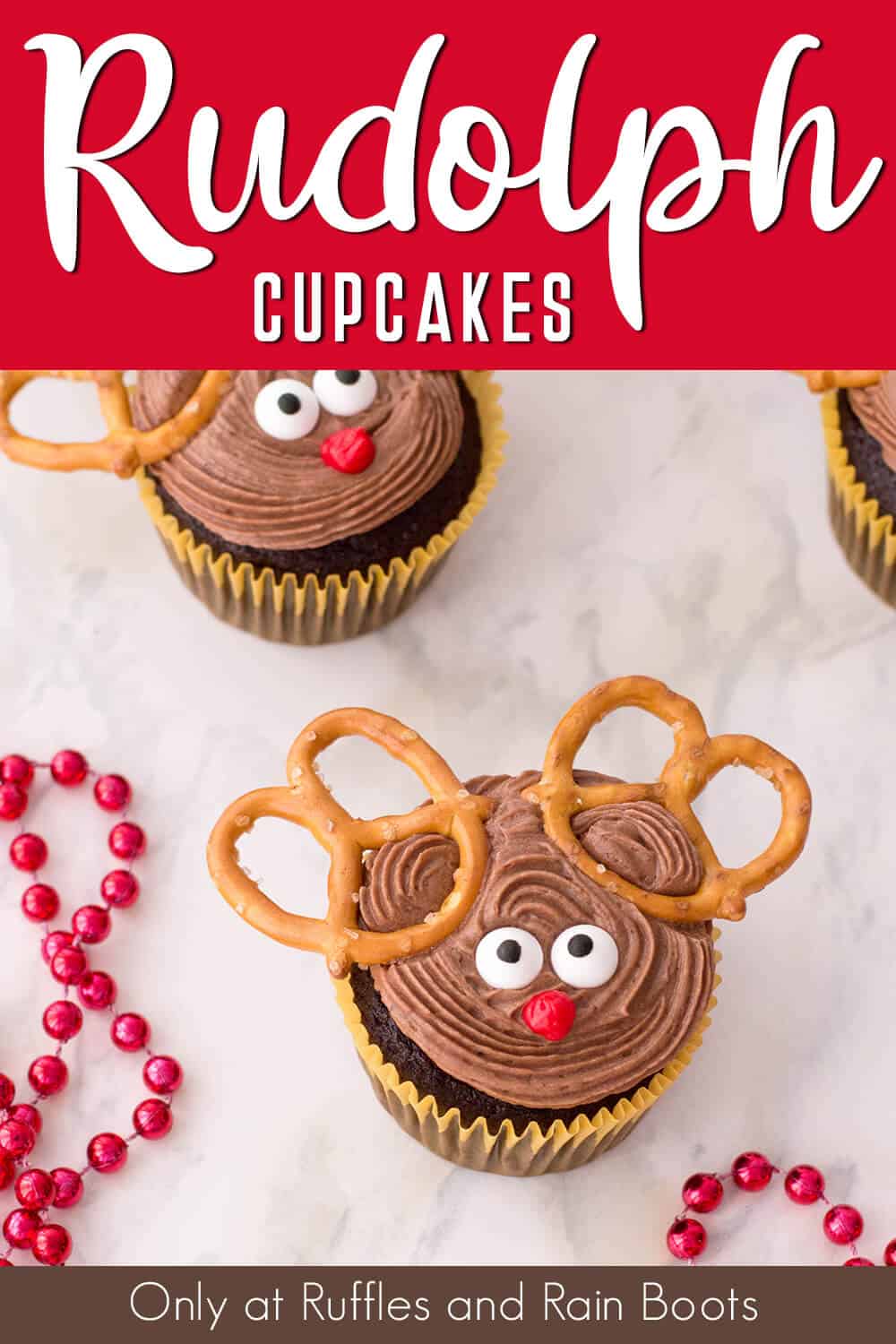 easy pretzel reindeer cupcakes with text which reads rudolph cupcakes