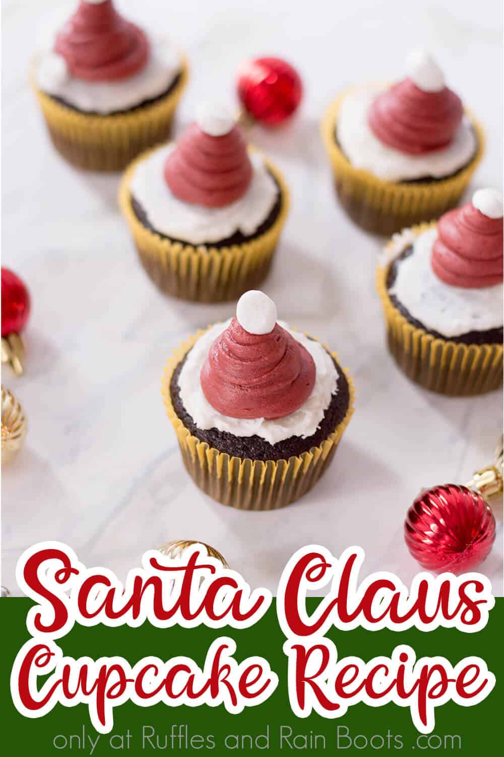 easy Christmas cupcakes on a white table with text which reads santa claus cupcake recipe