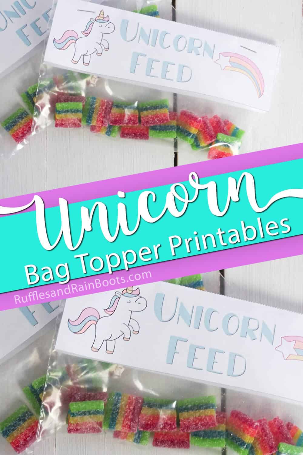 photo collage of unicorn party favor bag toppers with text which reads unicorn bag topper printables