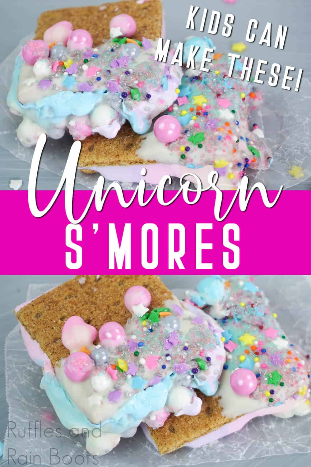 photo collage of easy after school snack idea with text which reads unicorn smores kids can make these