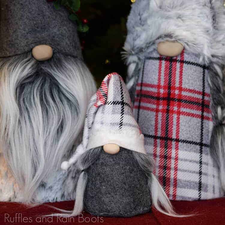 square image of cone gnome family dressed in holiday and Christmas fabrics and faux fur