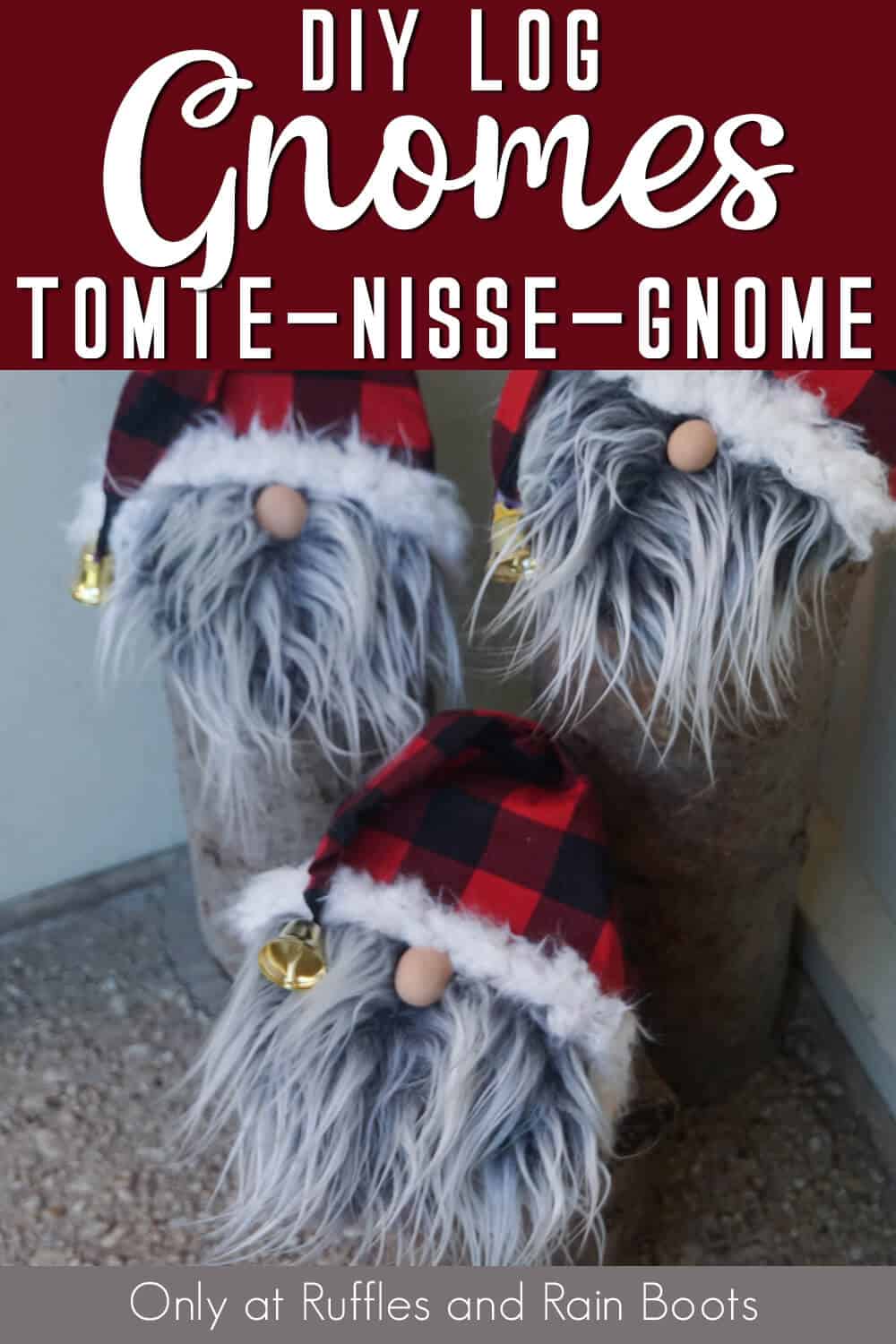 closeup of norse gnomes for the porch with text which reads DIY Log gnomes tomte gnome nisse