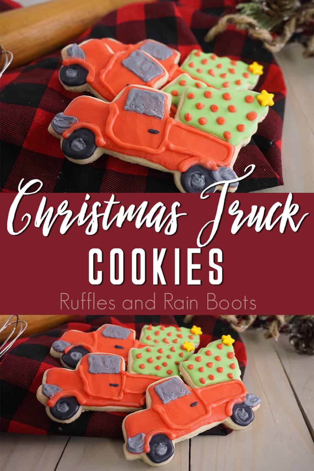 photo collage of cookies for a cookie exchange party with text which reads christmas truck cookies