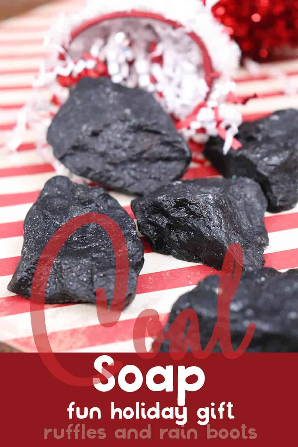 several piece of coal soaps on a red and white background with text which reads coal soap fun holiday gift