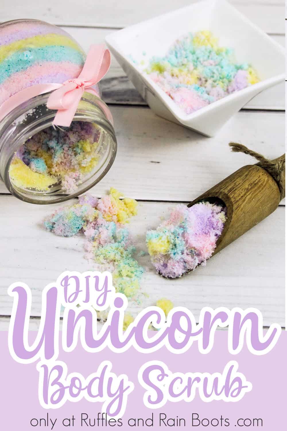 close-up of spilled jar and scoop of diy sugar scrub with text which reads diy unicorn body scrub
