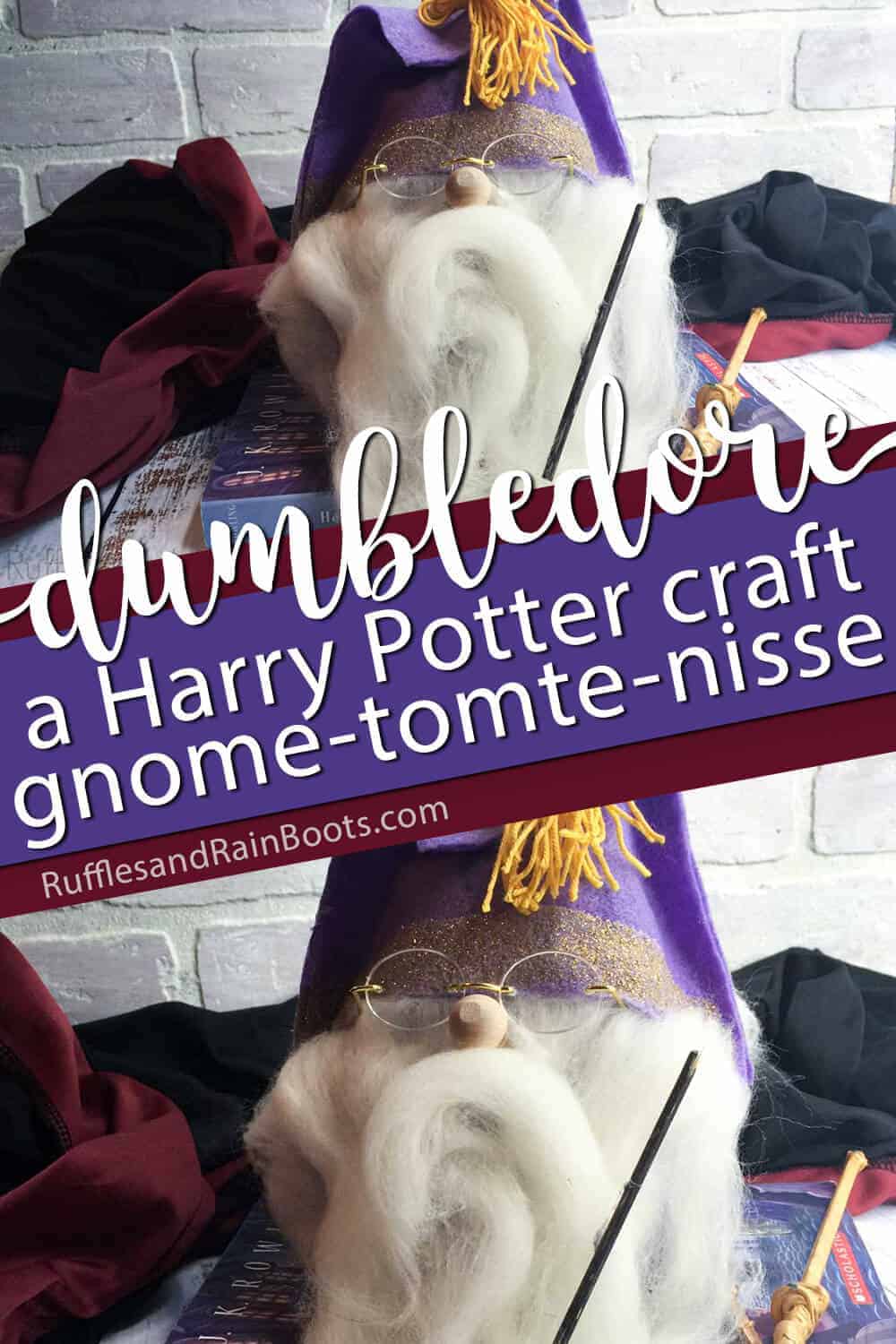photo collage of harry potter movie inspired dumbledore gnome with text which reads dumbledore a harry potter craft gnome tomte nisse