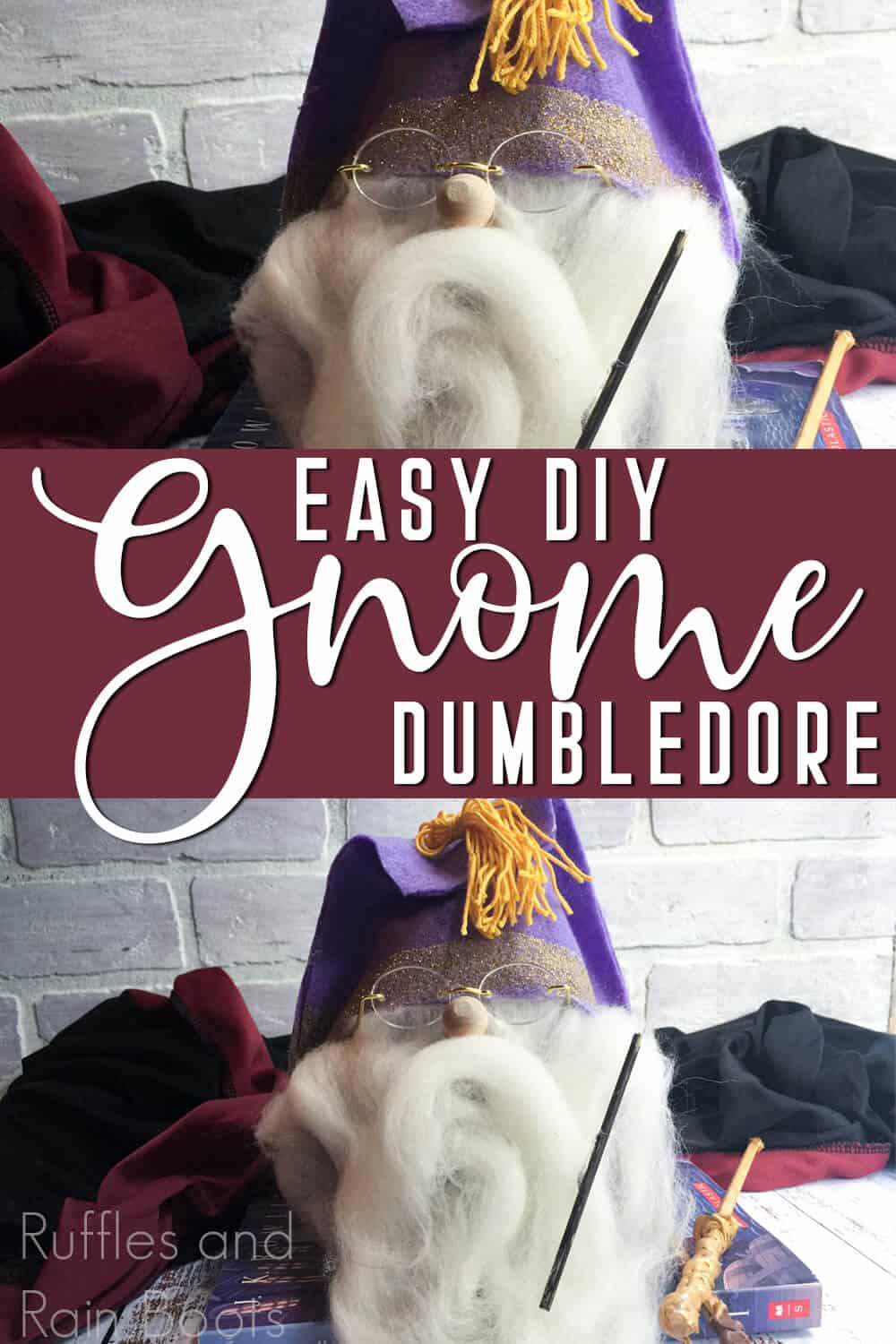 photo collage of wizard gnome with text which reads easy diy gnome dumbledore