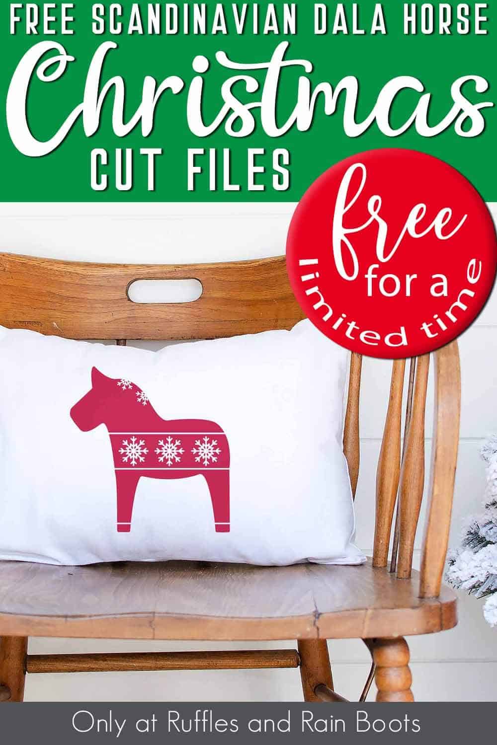 pillow on a chair with the scandinavian dala horse free holiday cut file on it with text which reads free scandinavian dala horse christmas cut files free for a limited time