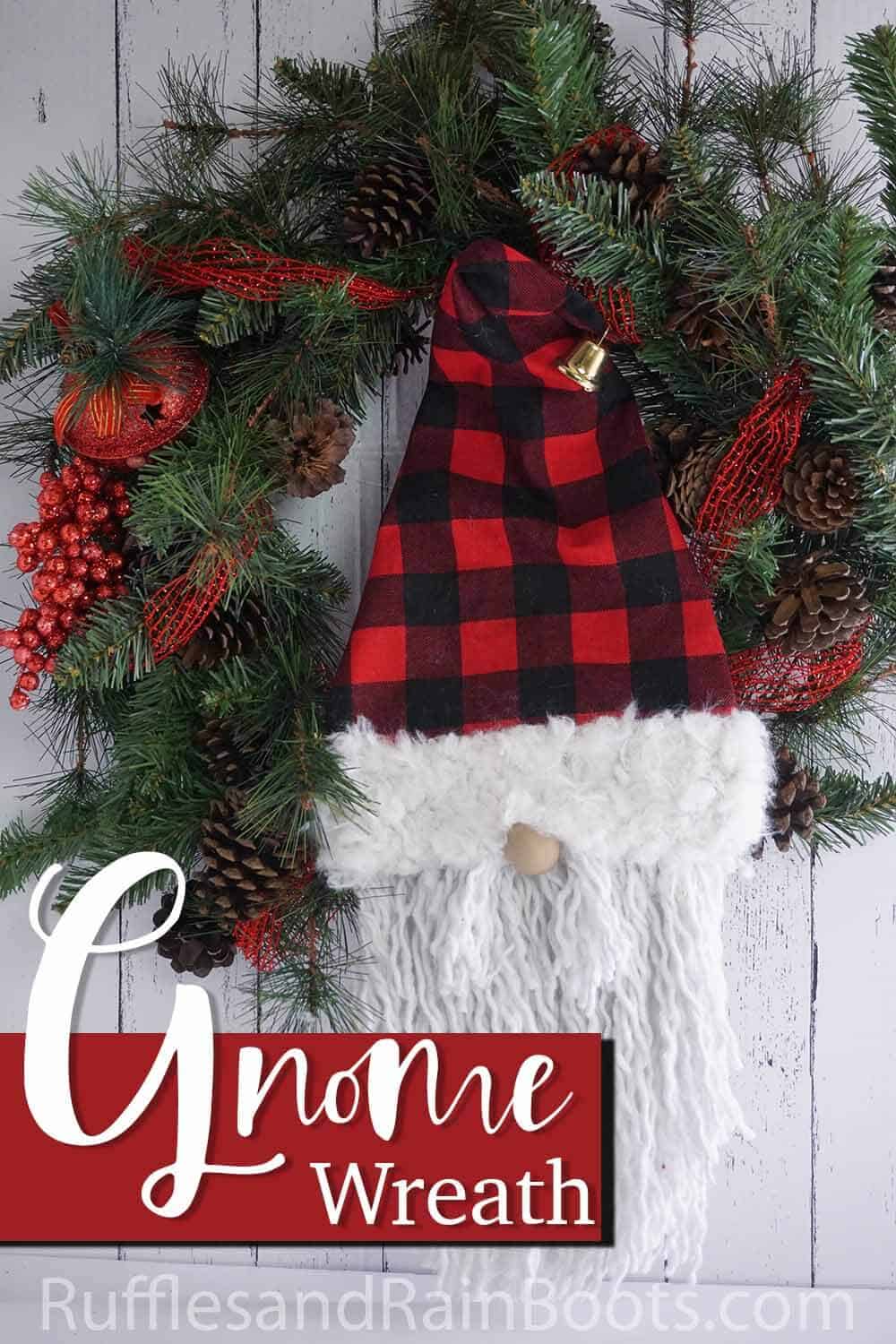 easy wreath with a scandinavian gnome with text which reads gnome wreath