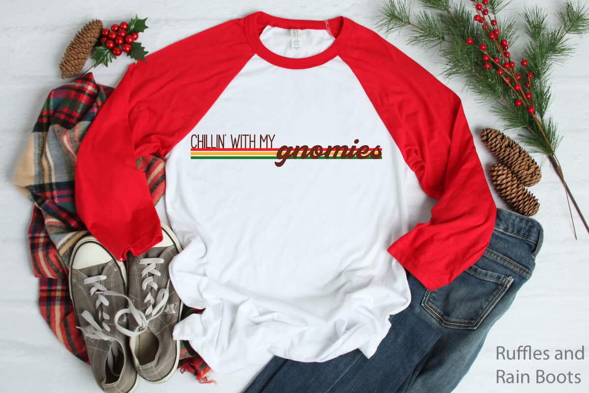 chillin' with my gnomies free Christmas cut file for cricut or silhouette on raglan tshirt