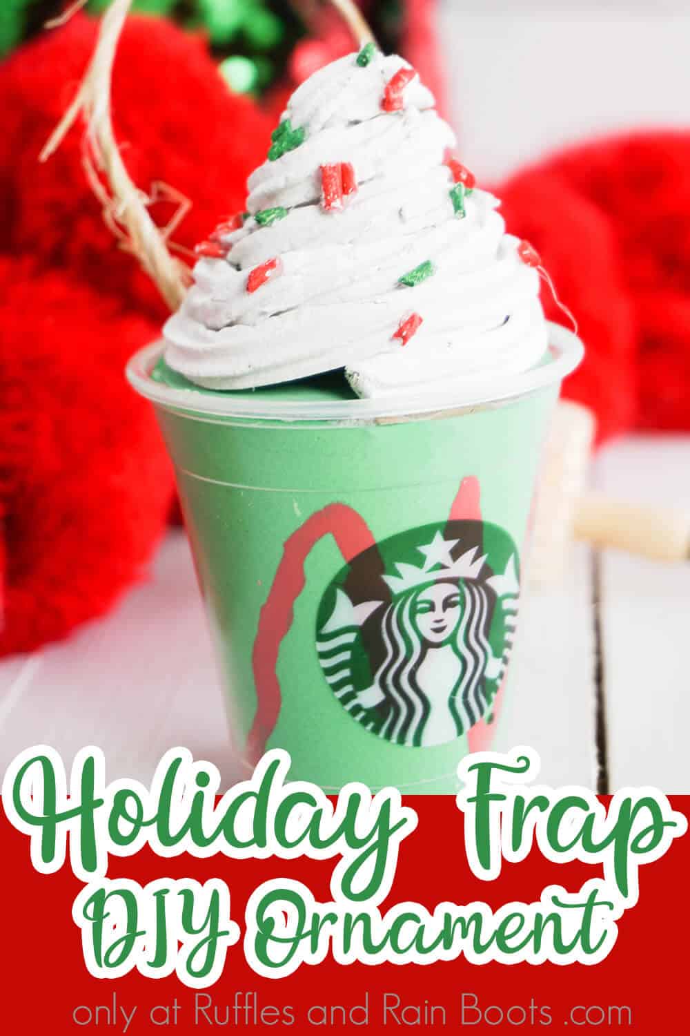closeup of a tiny frappuccino with text which reads holiday frap diy ornament