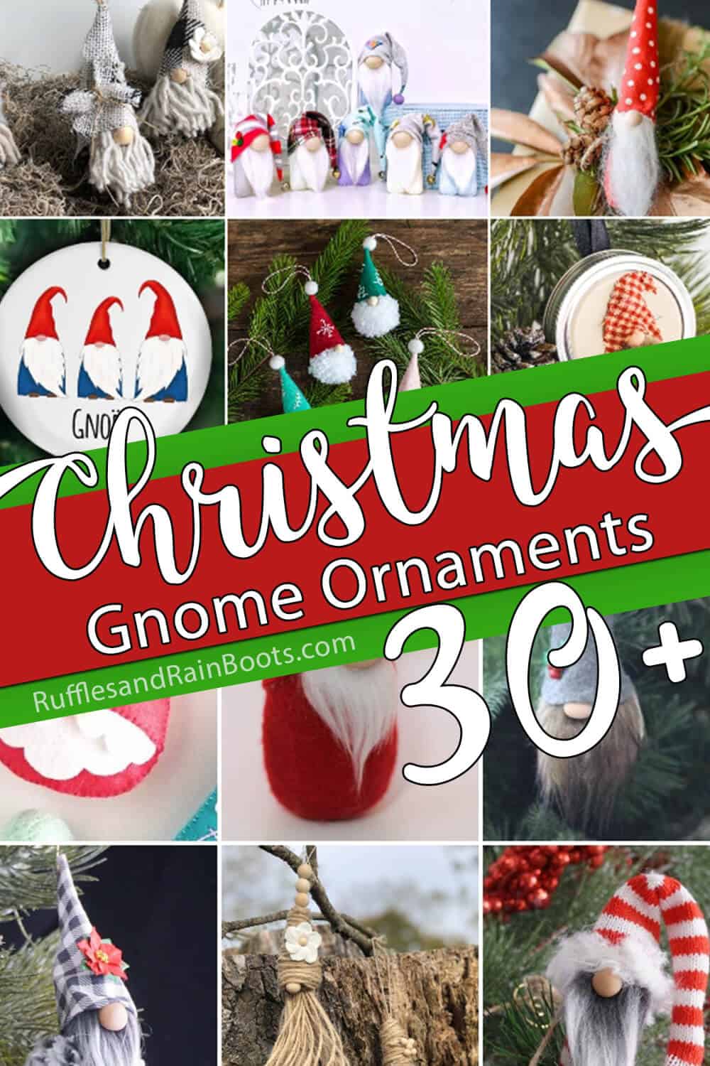 Photo collage of holiday gnome ornaments with text which reads Christmas gnome ornaments 30+ ideas.