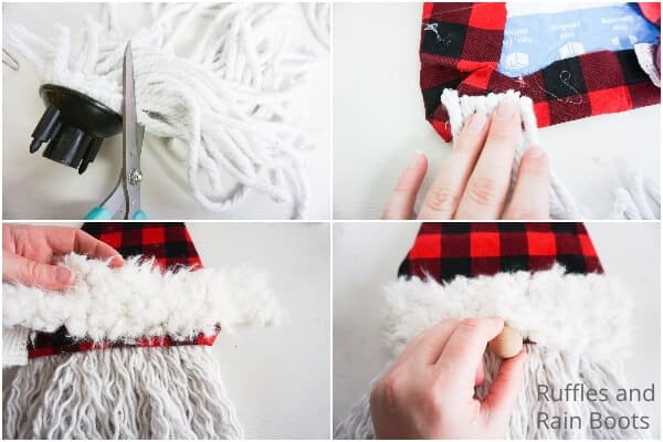 photo collage tutorial of how to make a gnome mop beard wreath