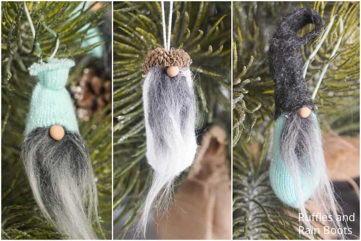 photo collage of how to make a gnome ornament three ways