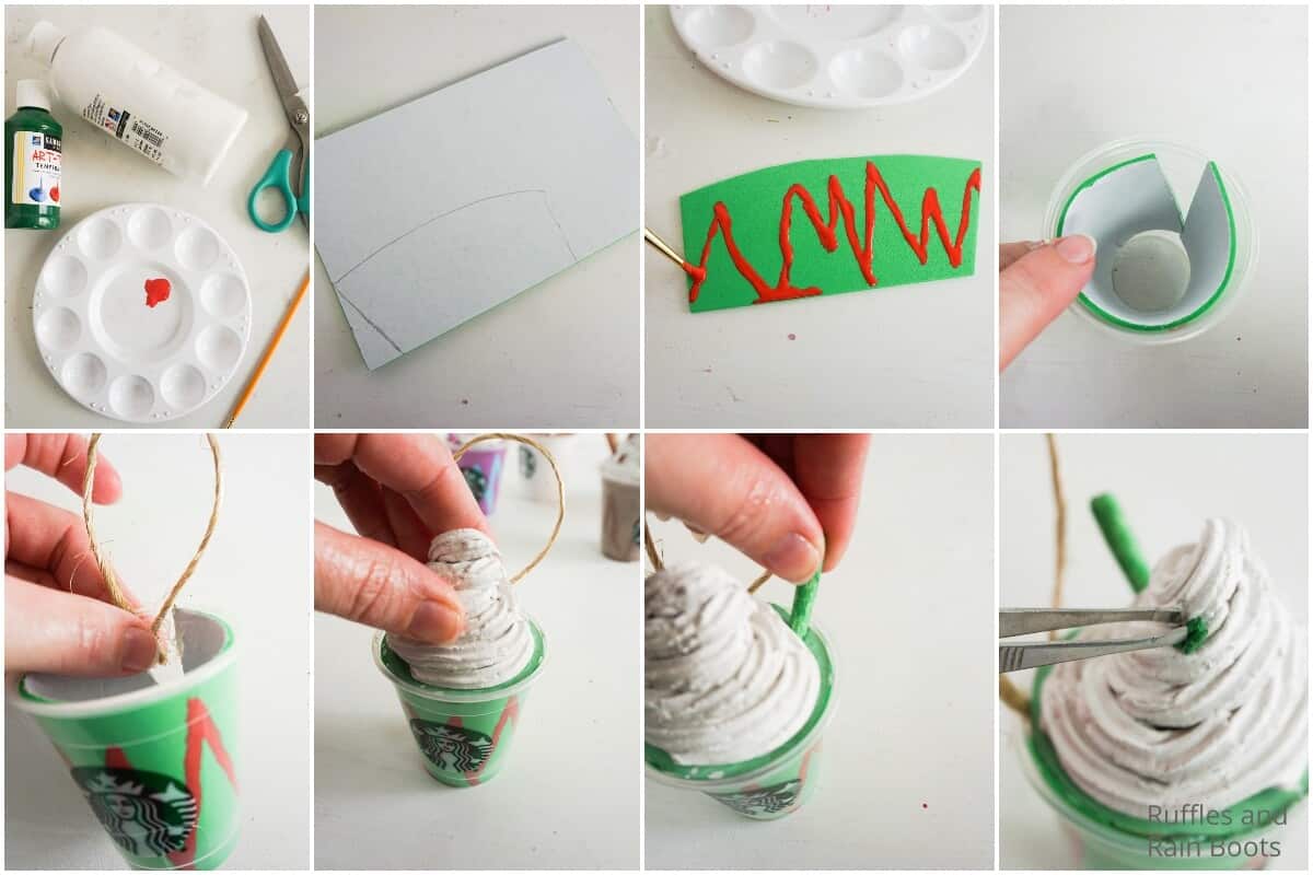 photo collage tutorial of how to make a starbucks frappuccino ornament