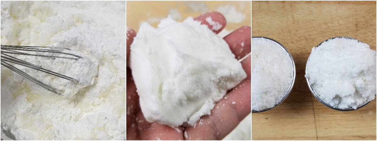 photo collage tutorial of how to make bath bombs that look like snowballs