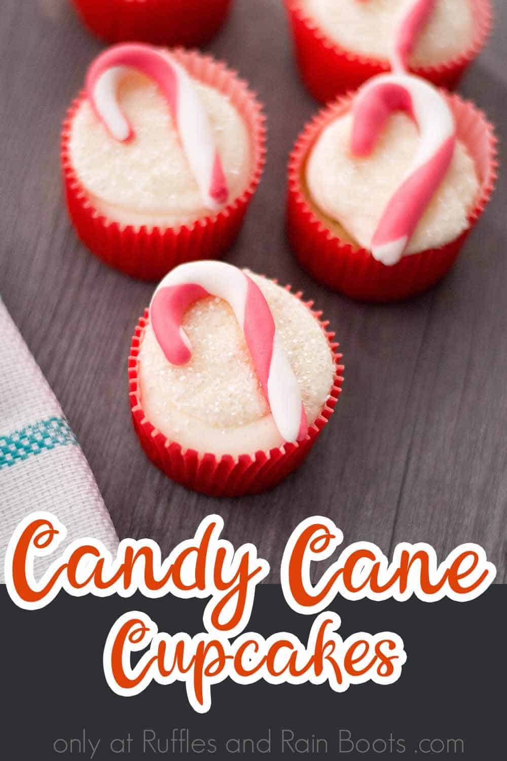 how to make christmas cupcakes on a brown table with text which reads candy cane cupcakes