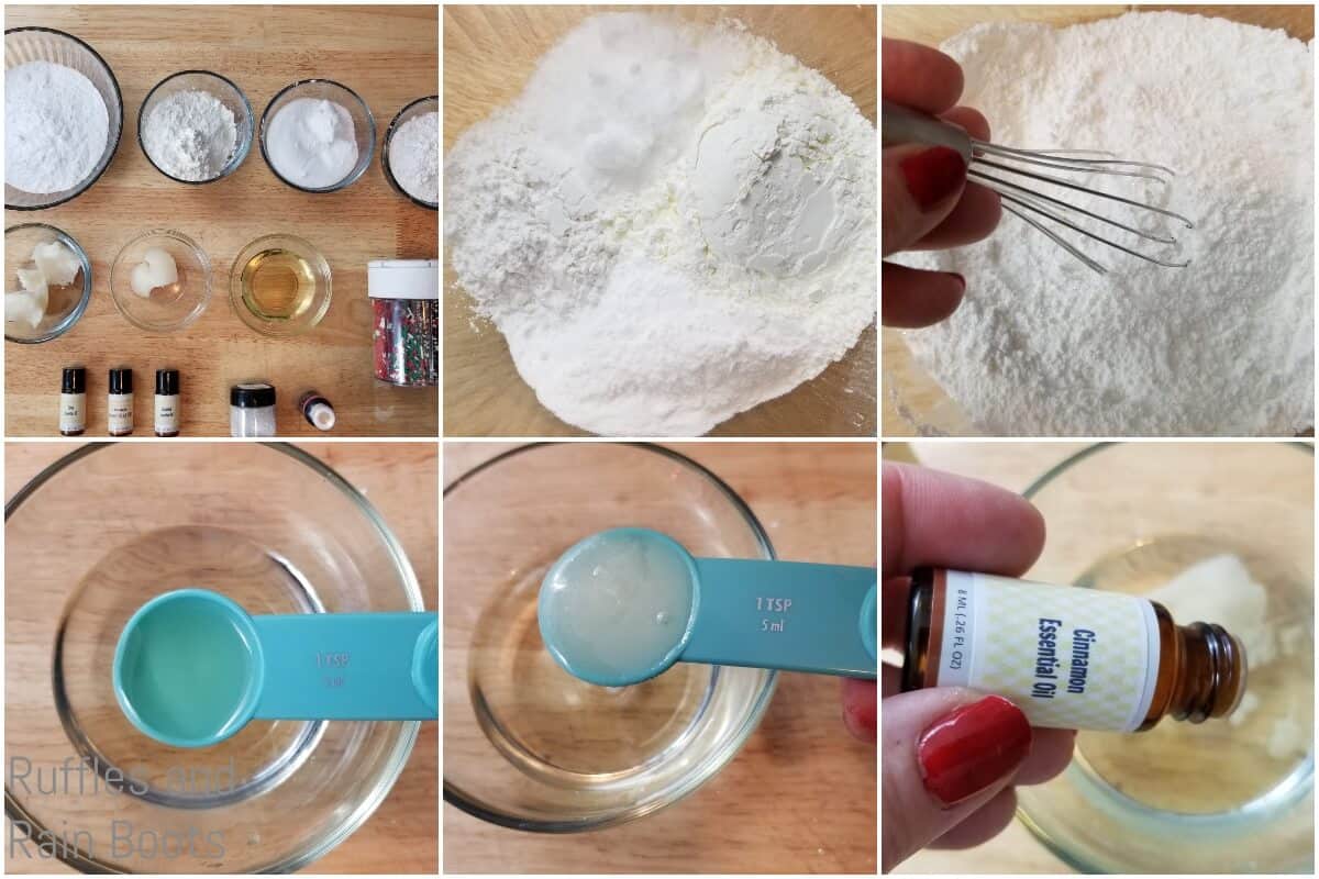 photo collage tutorial of how to make christmas cupcake bath bombs initial bath bomb steps