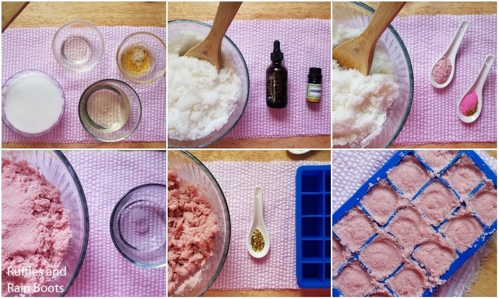photo collage tutorial of how to make gold flecked pink body scrub cubes