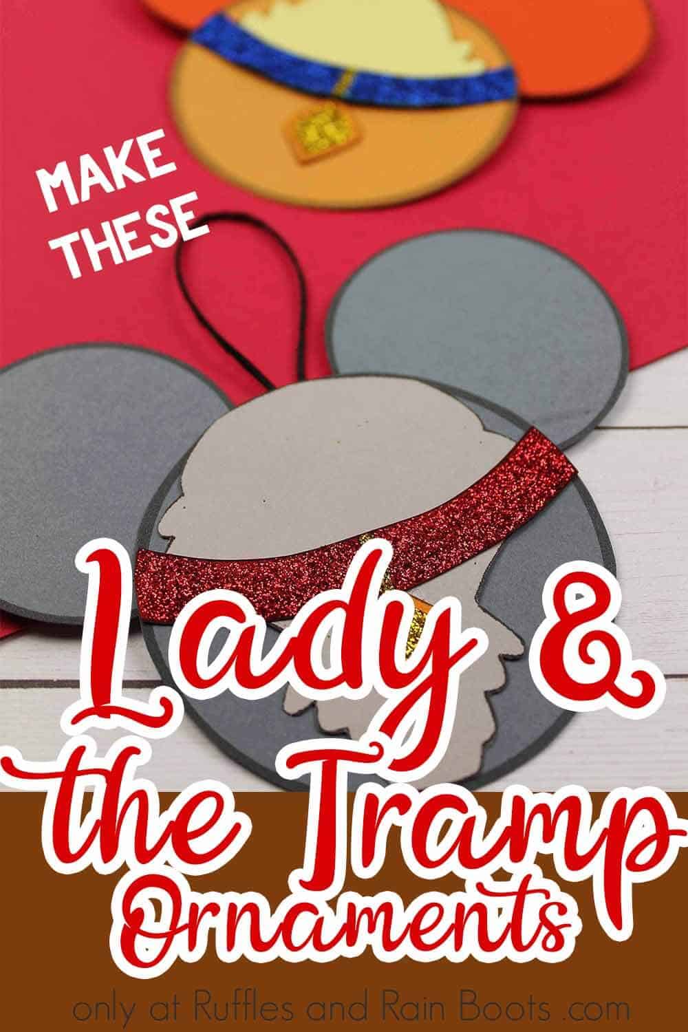 close up of christmas tree ornaments DIY lady and the tramp with text which reads lady and the tramp ornaments make these