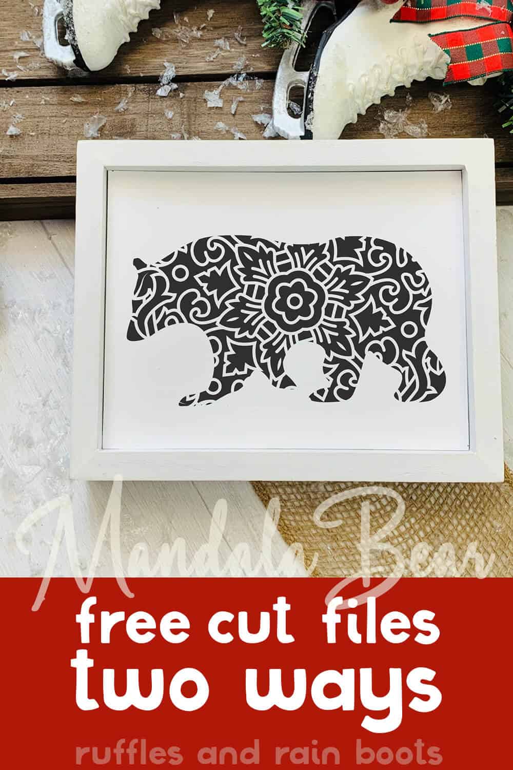wall sign with a bear silhouette with a mandala design with text which reads mandala bear free cut files two ways