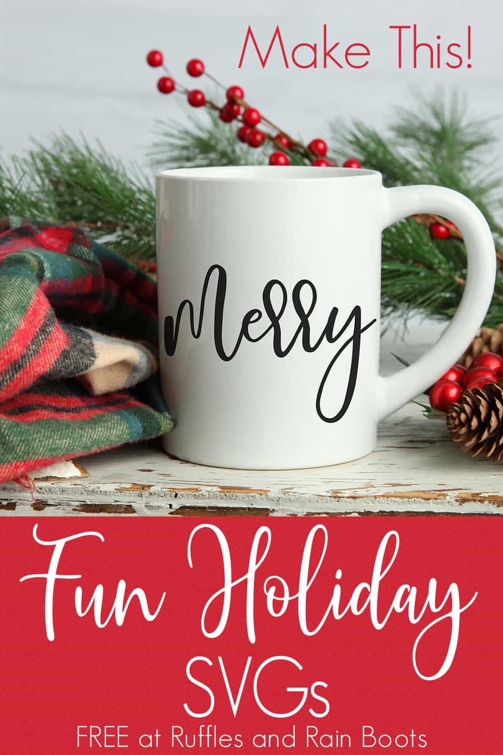 Merry free Christmas SVG on Coffee mug with text which reads fun holiday SVGs