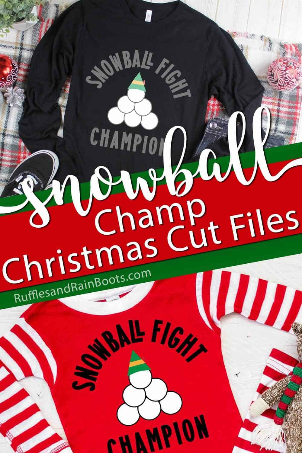 photo collage of snowball fight champion free Christmas cut file set with text which reads snowball champ christmas cut files