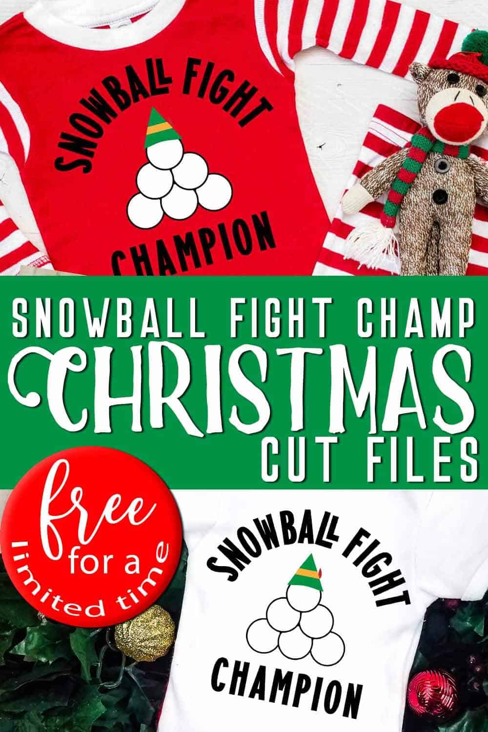 photo collage of snowball fight champion free christmas cut files for cricut or silhouette with text which reads snowball fight champ christmas cut files free for a limited time
