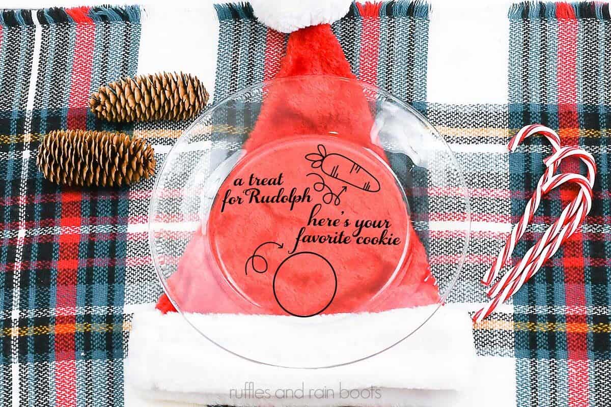 A clear and safe cookies for Santa plate made with adhesive vinyl and Cricut on a red Santa hat and a tartan plaid background with pine cones and candy canes.