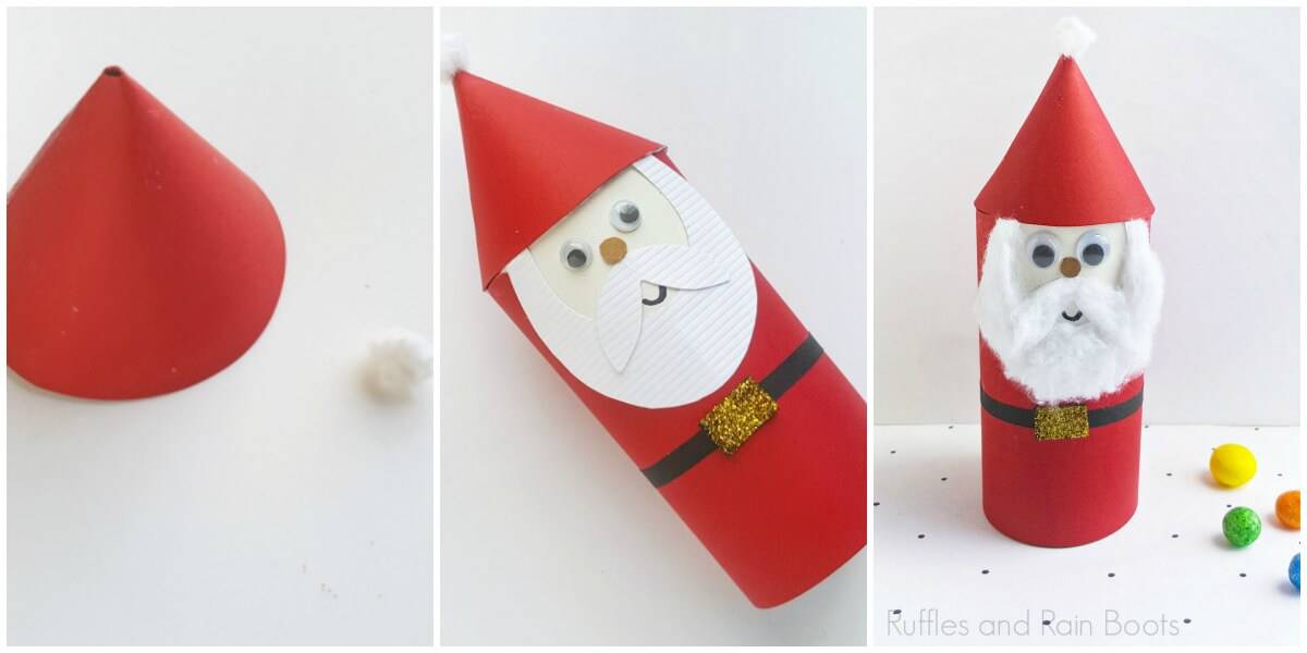 photo collage tutorial of How to make a Santa tube craft
