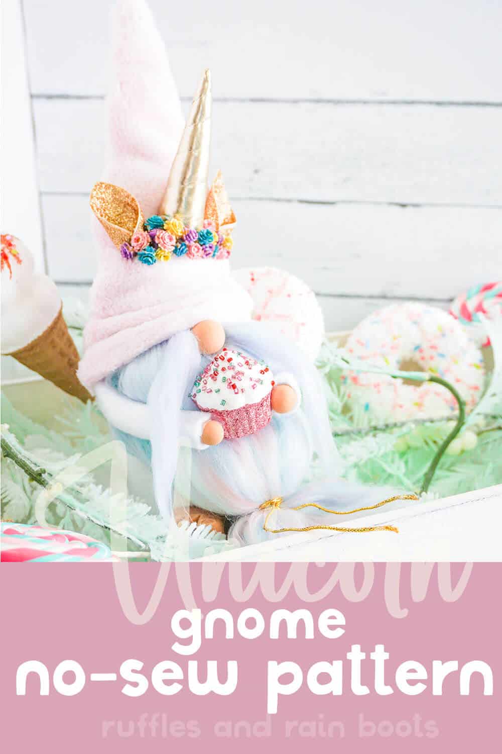 easy pattern for a spring gnome with a unicorn horn with text which reads unicorn gnome no-sew pattern