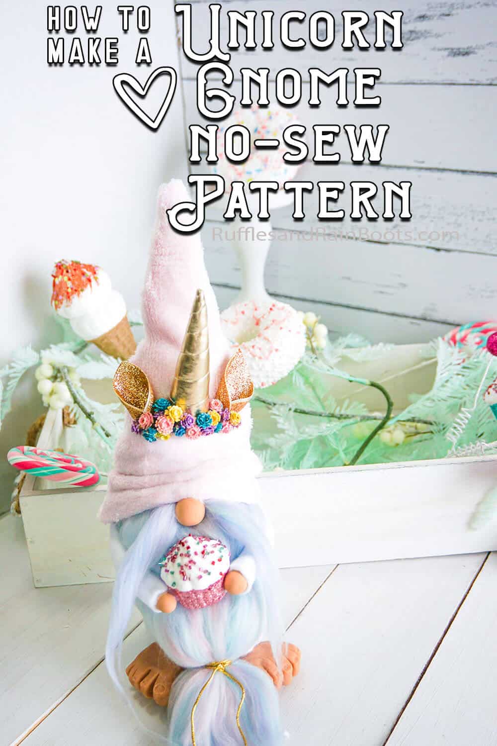 tomte nisse gnome pattern with a unicorn horn with text which reads how to make a unicorn gnome no-sew pattern