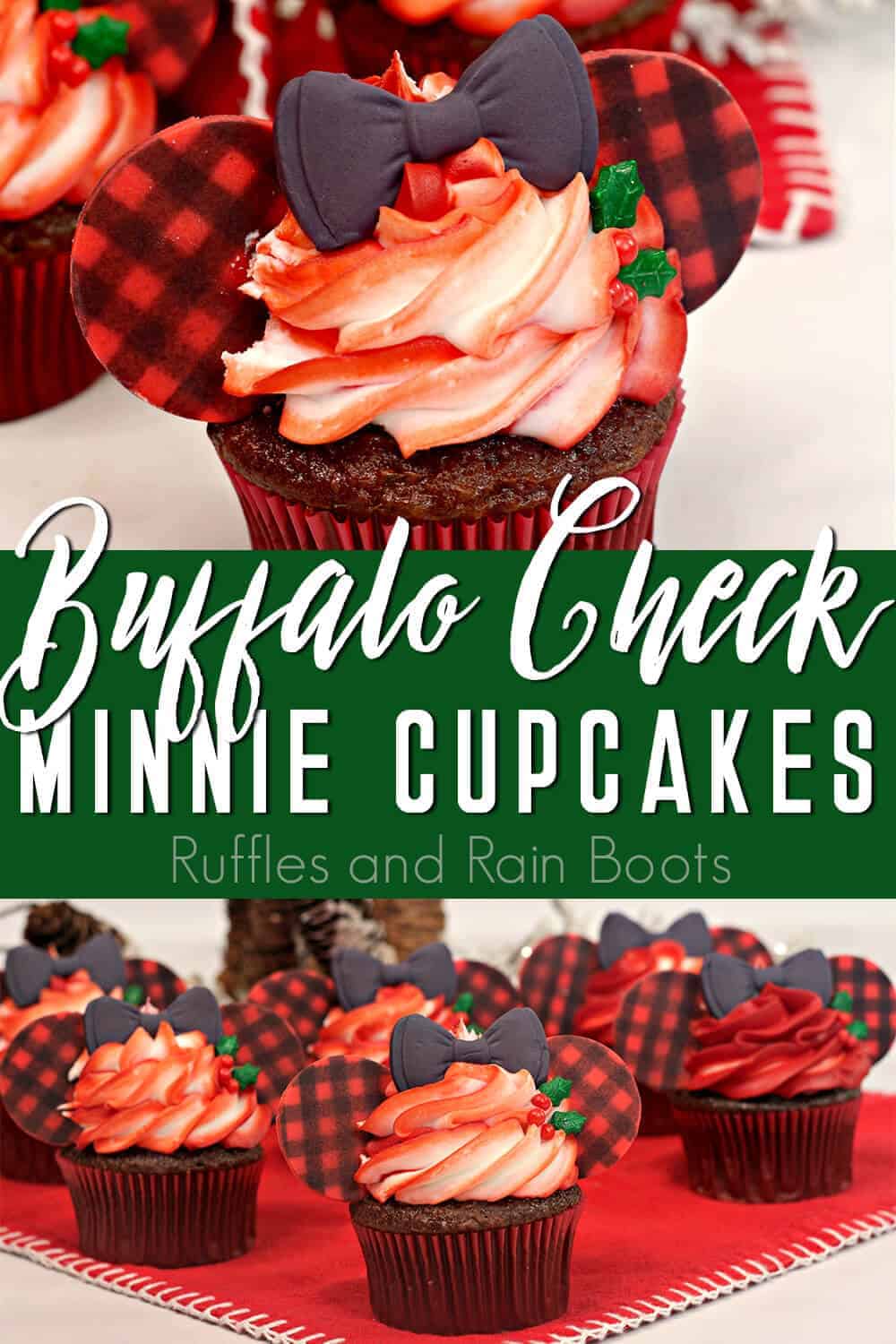 photo collage of christmas minnie mouse cupcakes with text which reads buffalo check minnie cupcakes