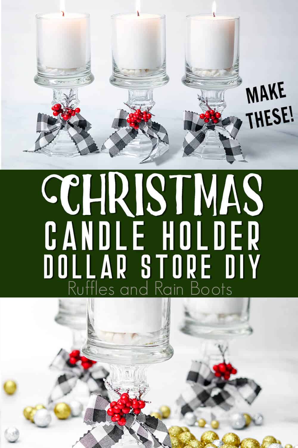 photo collage of dollar store candle holder diy project with text which reads christmas candle holder dollar store diy make these