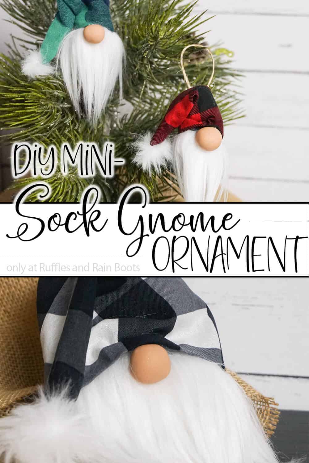 photo collage of christmas ornament gnome with text which reads diy mini sock gnome ornament