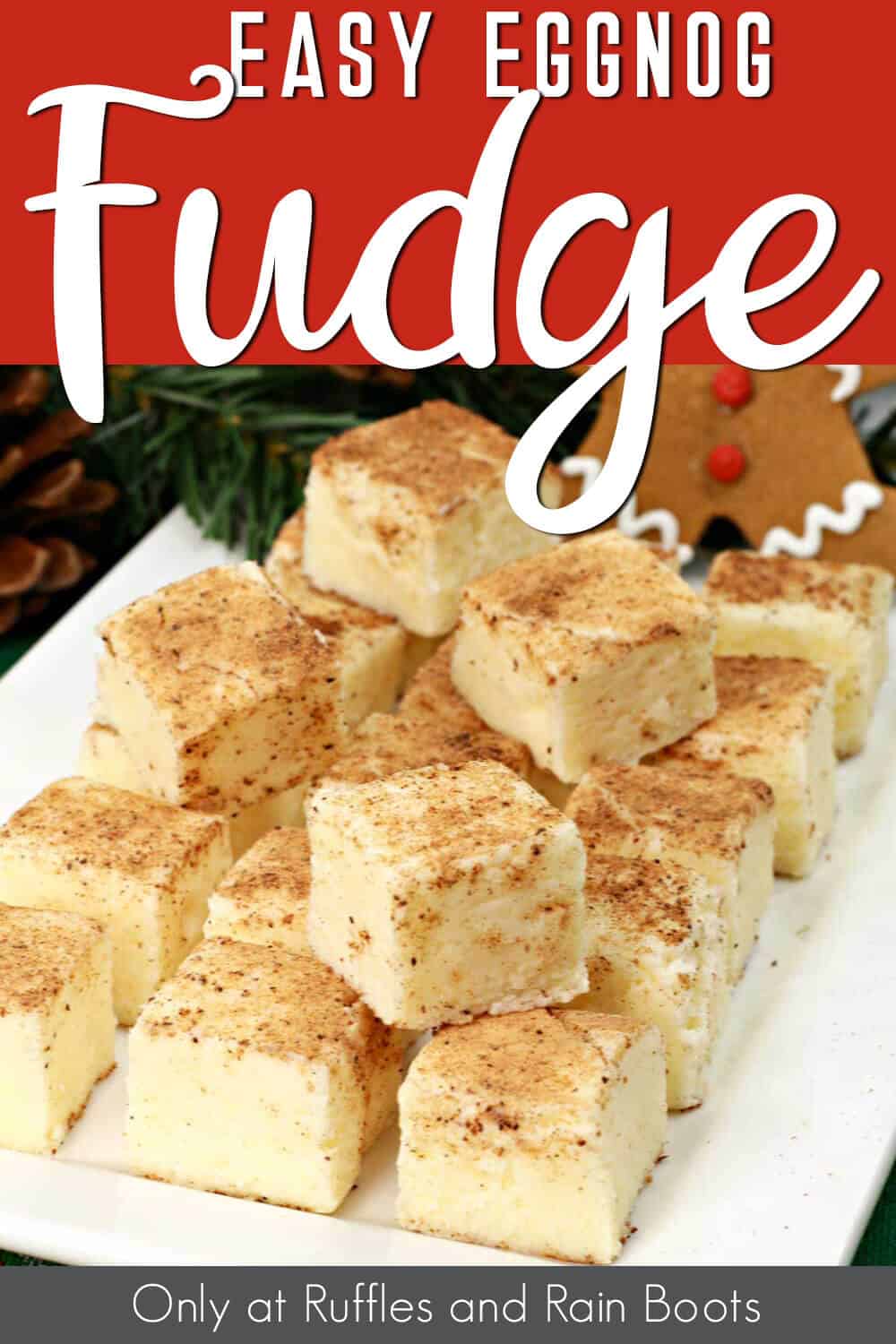 plate full of white chocolate fudge with text which reads easy eggnog fudge