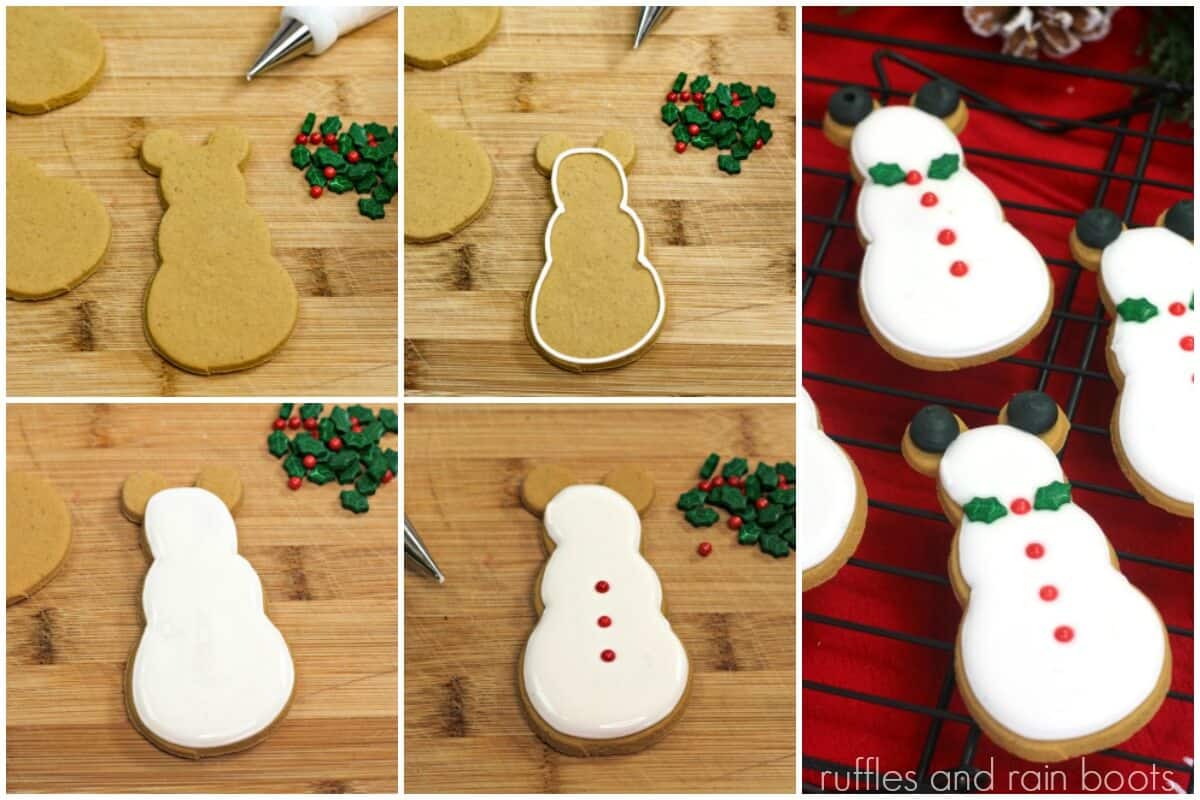 photo collage tutorial of easy gingerbread cookie recipe with Mickey snowman