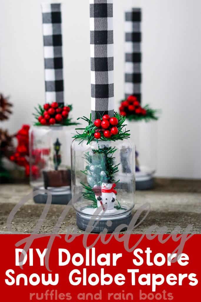 diy dollar store cloche candle holder with text which reads holiday diy dollar store snow globe candle tapers