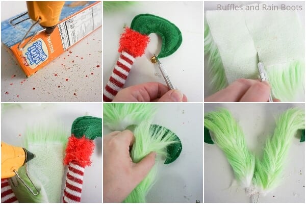 photo collage tutorial of how to make a christmas wreath with the grinch