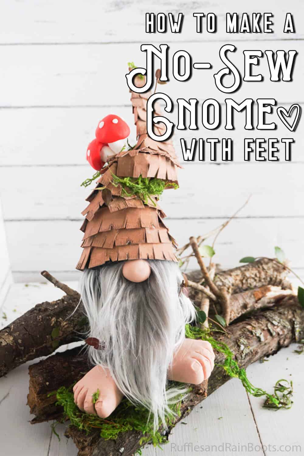 front view of gnome with feet and mushrooms with text which reads how to make a no-sew gnome with feet