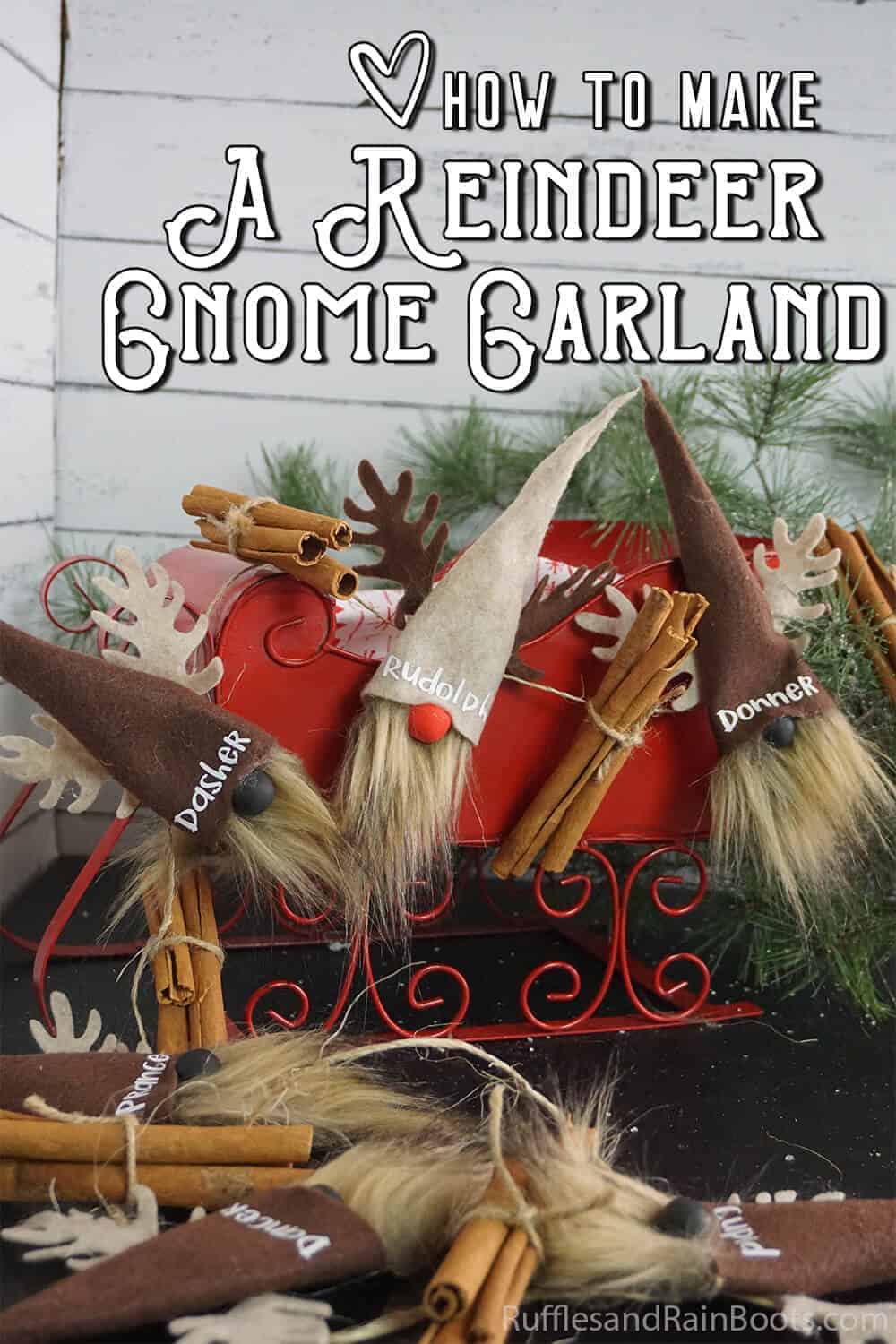 easy diy gnome craft idea with text which reads how to make a reindeer gnome garland