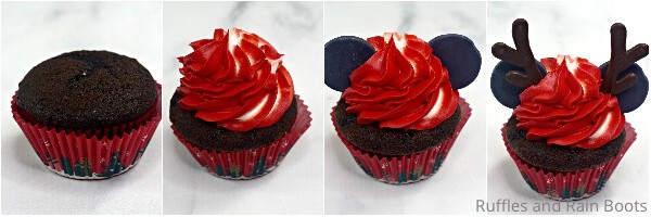 photo collage tutorial of how to make christmas minnie cupcakes for a party