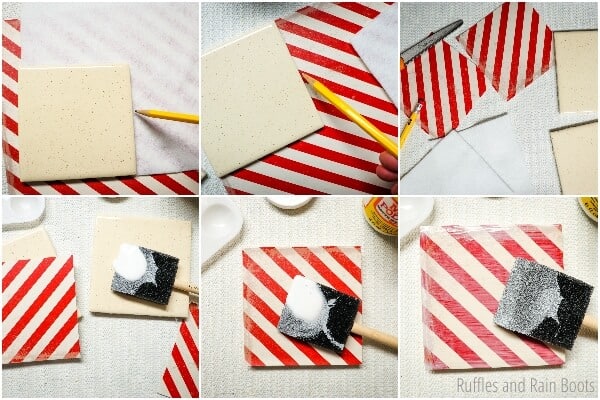 Photo collage tutorial of how to make decoupage coasters for Christmas. 