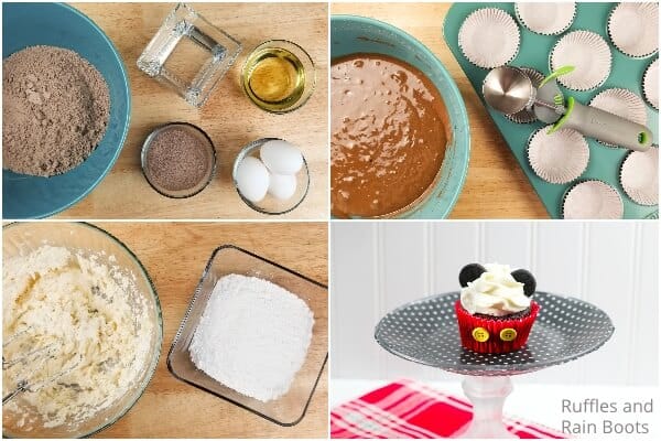 photo collage of how to make easy mickey mouse cupcakes