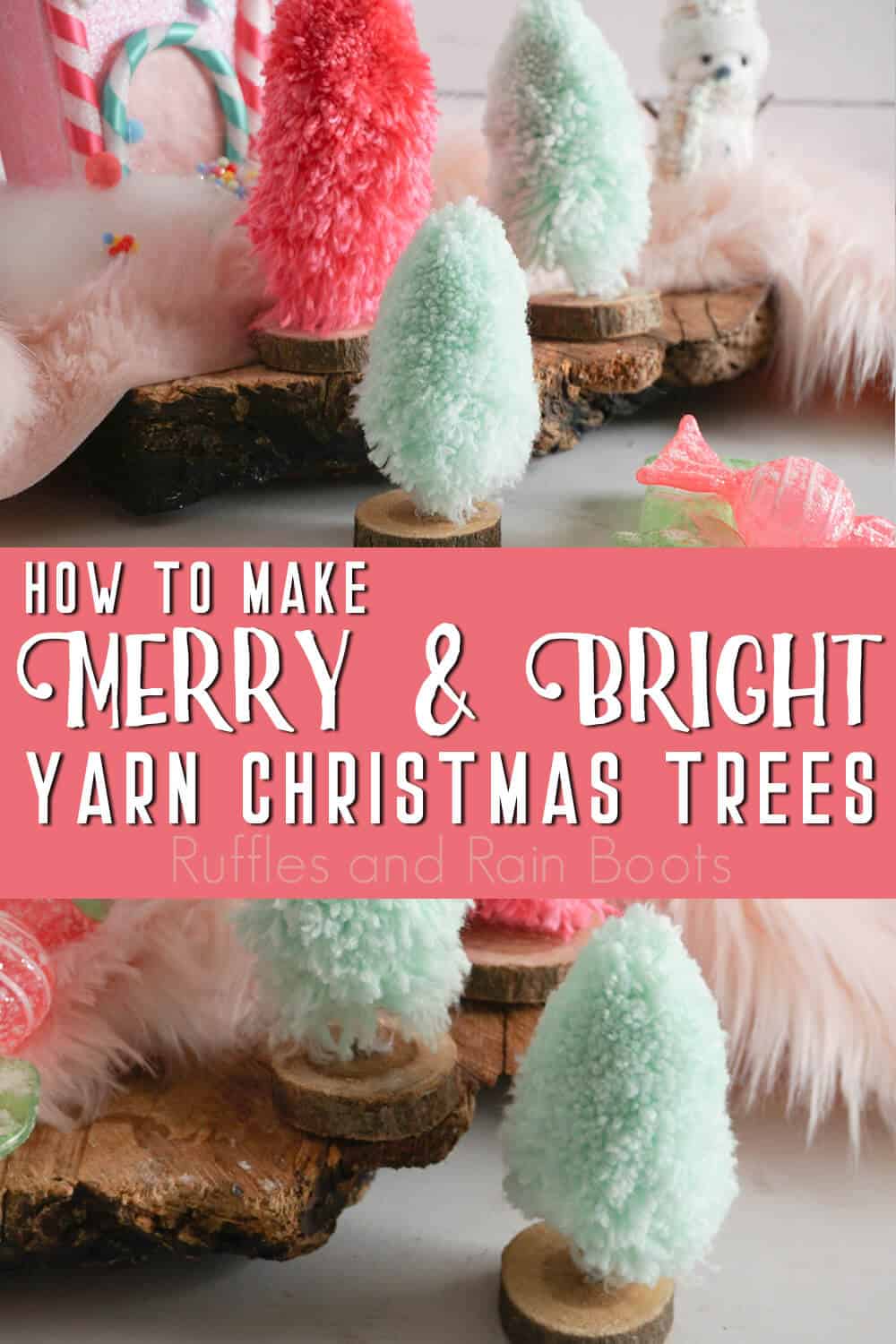 photo collage of yarn tree alternative to bottlebrush trees with text which reads how to make merry & bright yarn christmas trees