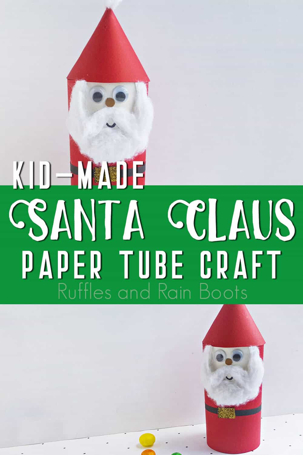 photo collage of santa craft for kids with text which reads kid-made santa claus paper tube craft