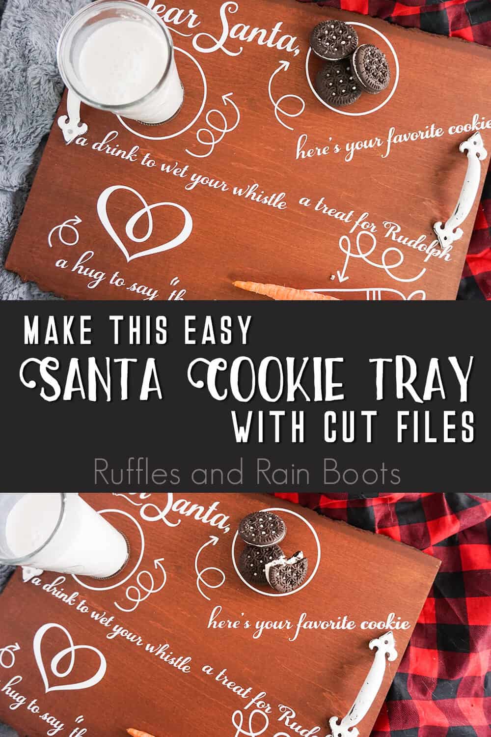 photo collage of santa cookie plate with text which reads make this easy santa cookie tray with cut files