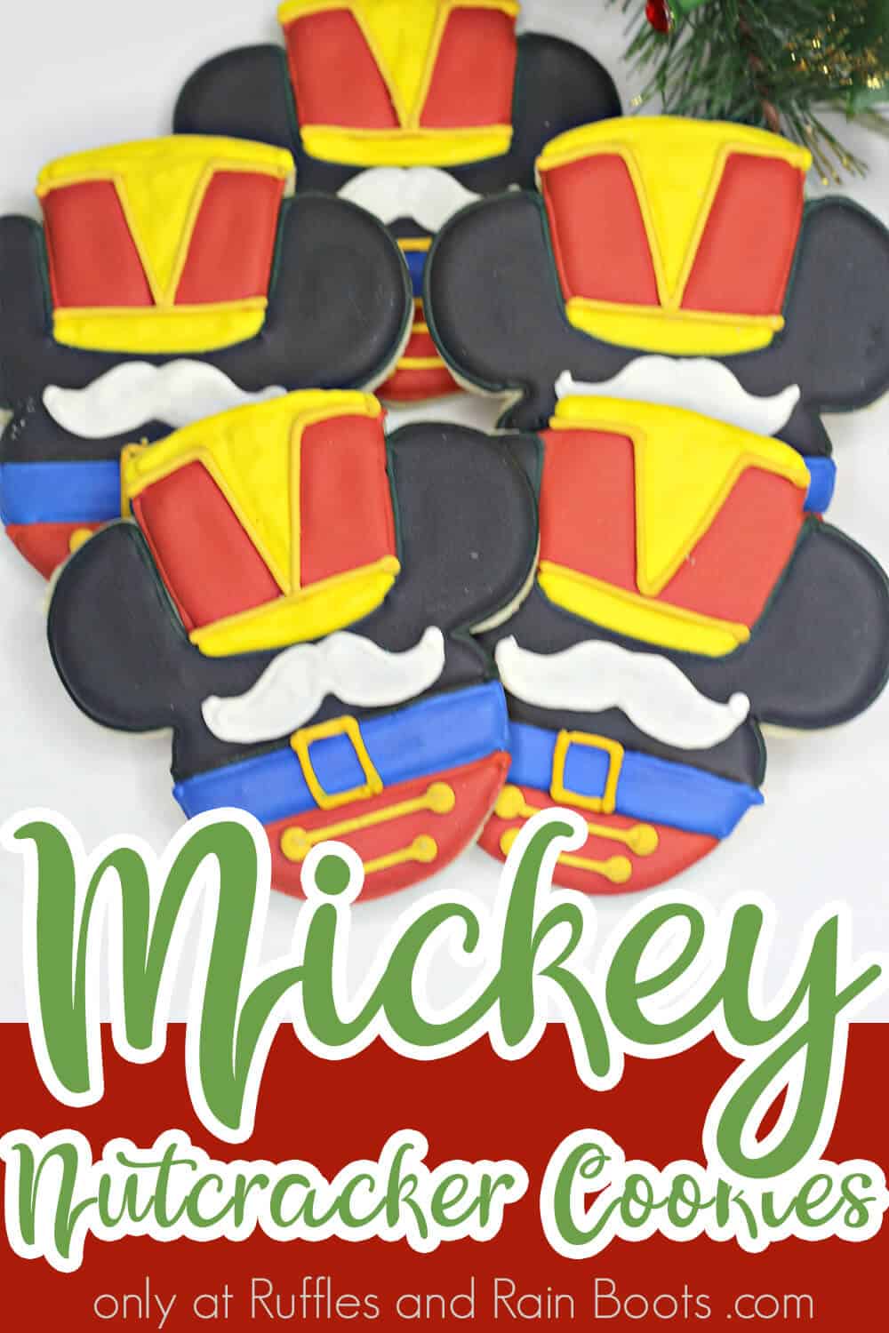 how to make christmas cookies with Mickey mouse nutcracker design with text which reads mickey flood cookies nutcracker