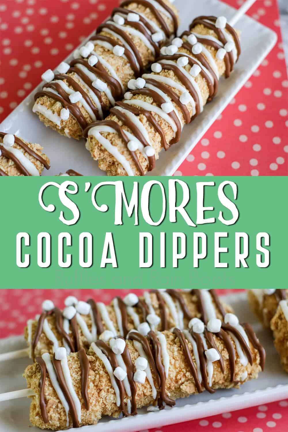 photo collage of smores on a stick with text which reads smores cocoa dippers